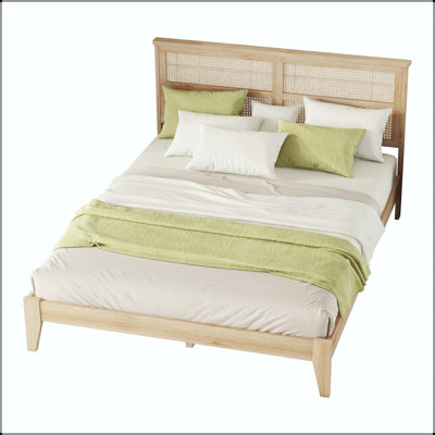 Queen Rattan Headboard Bed with Rubberwood Construction