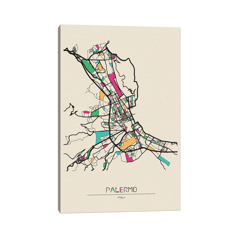 «Palermo, Italy Map» par Ayse Deniz Akerman - impression sur toile tendue, H 18 po x l 12 po x 1,5 po