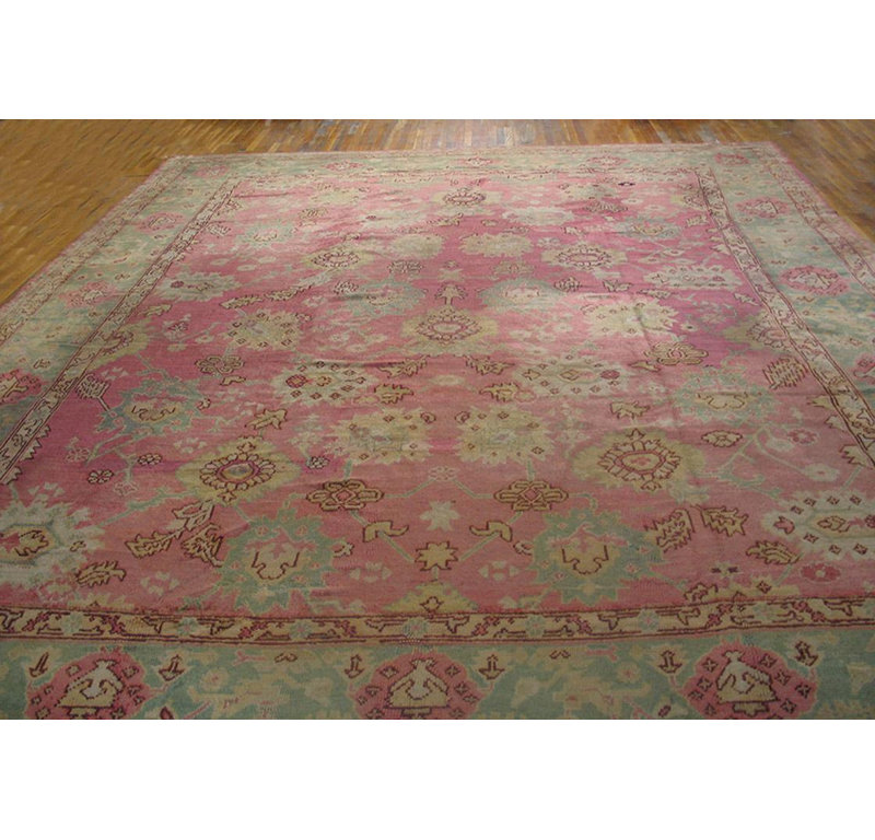 Superbe tapis Oushak turc antique rose et bleu sarcelle à motif Rossette
