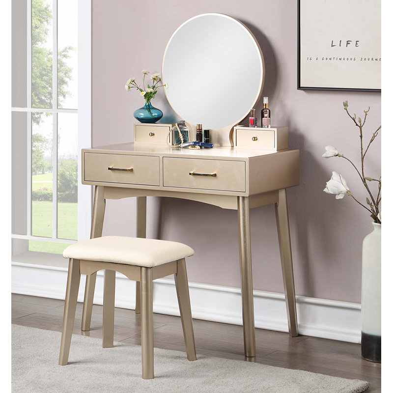 Contemporary Wood Vanity and Stool Set, Gold