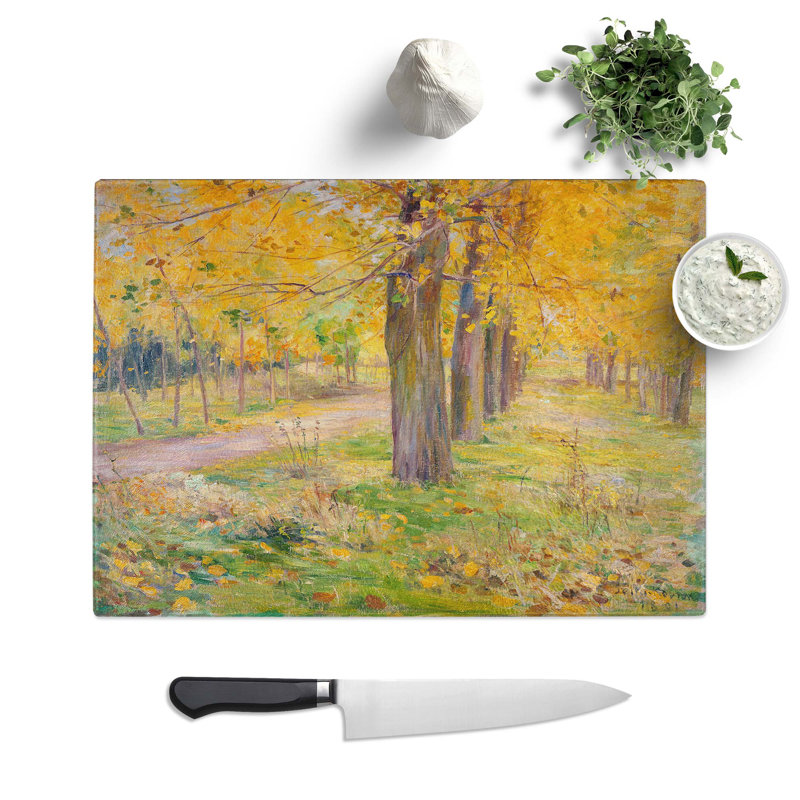 Tempered Glass Yellow-Leafed Poplar Trees by Kuroda Seiki Chopping Board, 39 cm W x 28.5 cm L