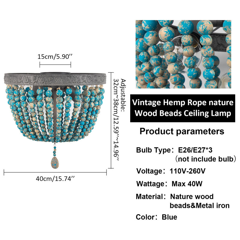 Plafonnier encastré vintage à 3 lumières avec perles de bois, bleu rétro pour la décoration intérieure