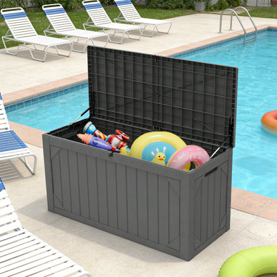 100 Gallon Deck Box, Resin Outdoor Storage Box for Outdoor Pillows, Garden Tools and Pool Supplies, Waterproof, Lockable, Gray