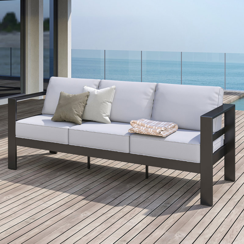 76'' Wide Aluminum Outdoor Sofa with Cushions, Dark Gray, Light Gray