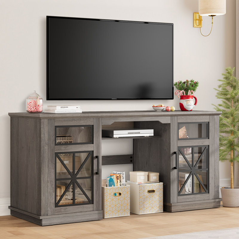 59"W Farmhouse TV Console with Tempered Glass Door Cabinet, Centred Media Storage & 29"H Firepit Compatiable Storage