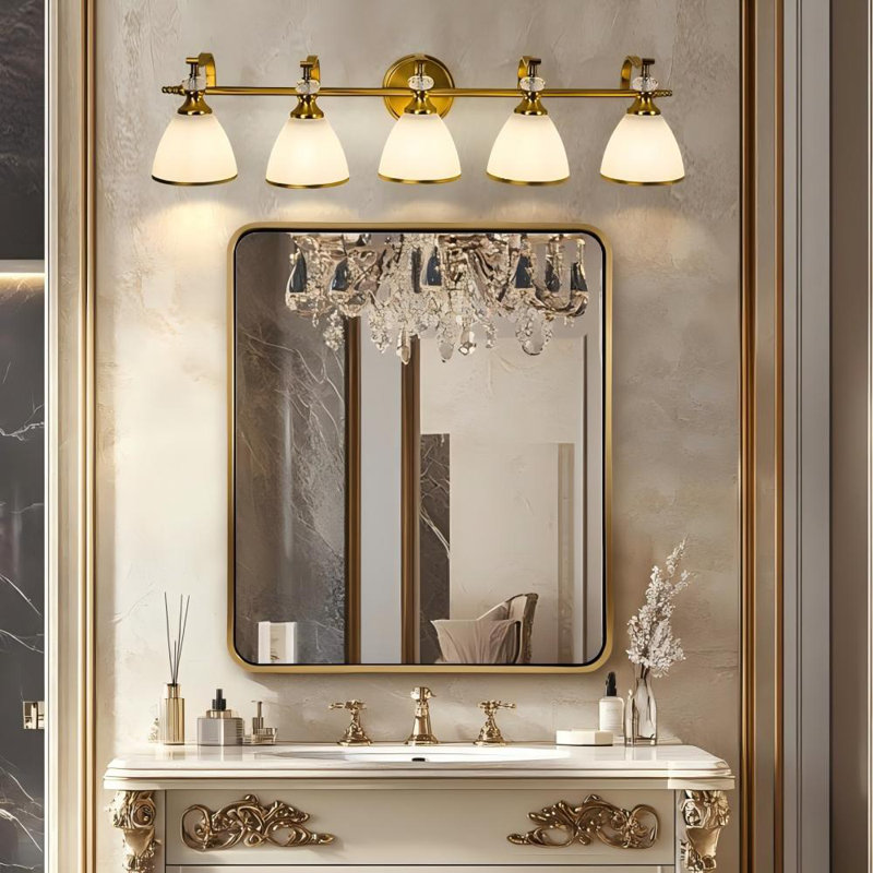 Vintage Bathroom Vanity Light Fixture with Hand-Painted Frosted Trumpet Glass Shade and Crystal Accent, Brushed Gold, 5