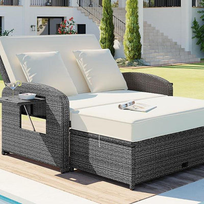 TOPMAX PE Wicker Rattan Double Chaise Lounge, 2-Person Reclining Daybed With Adjustable Back And Cushions, Free Furniture Protection Cover, White