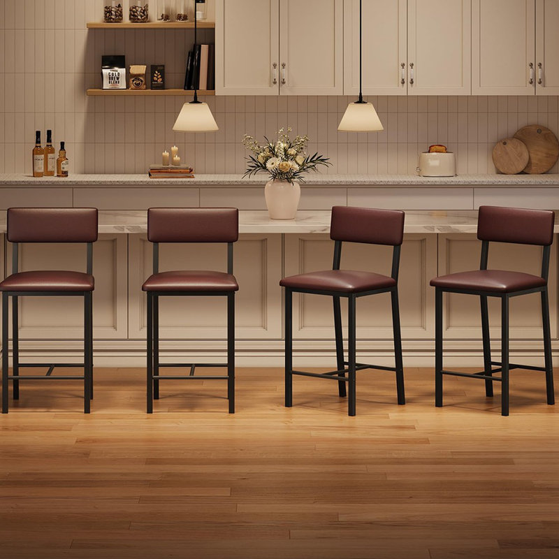 Ensemble de 4 tabourets de bar avec dossier et repose-pieds - Brun - Tabourets de bar rembourrés à hauteur de comptoir, sièges rembourrés épais, sièges de salle à manger et de cuisine modernes