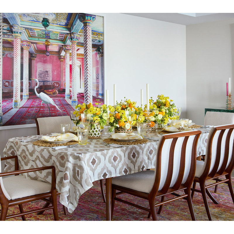 Watercolor Ikat Tablecloth, Beige/White