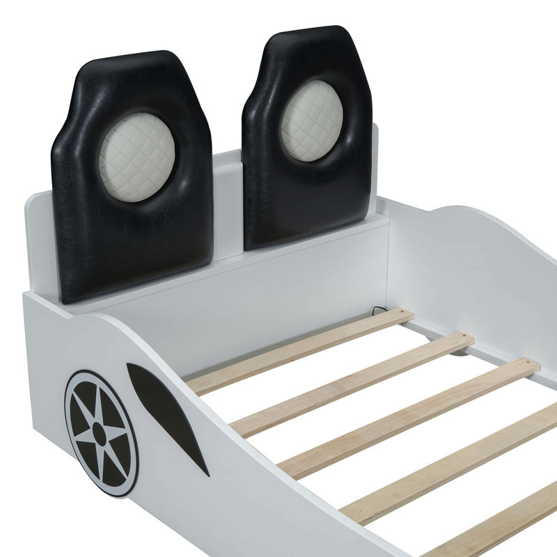 Lit plateforme en bois pour voiture de course avec lumières à DEL et panneau de dossier rembourré doux, blanc, Blanc