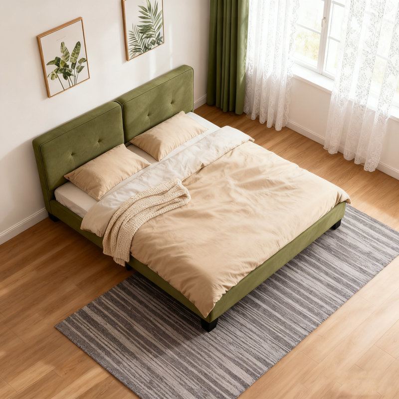Boucle Bed Frames, Upholstered Platform Bed With Curved Tufted Headboard