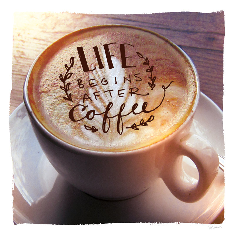 Reproduction d’art textuel sur toile, "Life débute after coffee" par Sue Schlabach, H 12 po x l 12 po