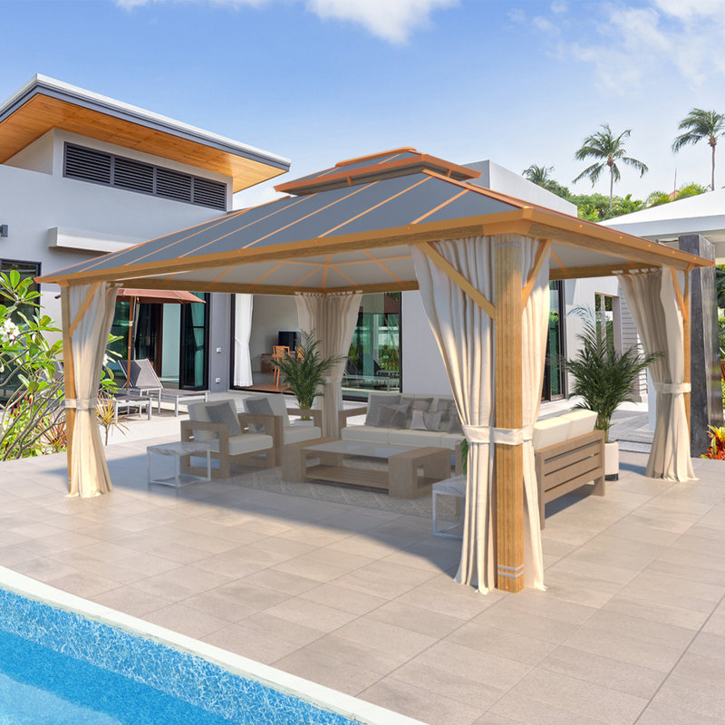 14x12 Ft Hardtop Aluminum Patio Gazebo with Wood-Look Finish, UV Protection & Snow Load Capacity, Includes Curtains and Mesh