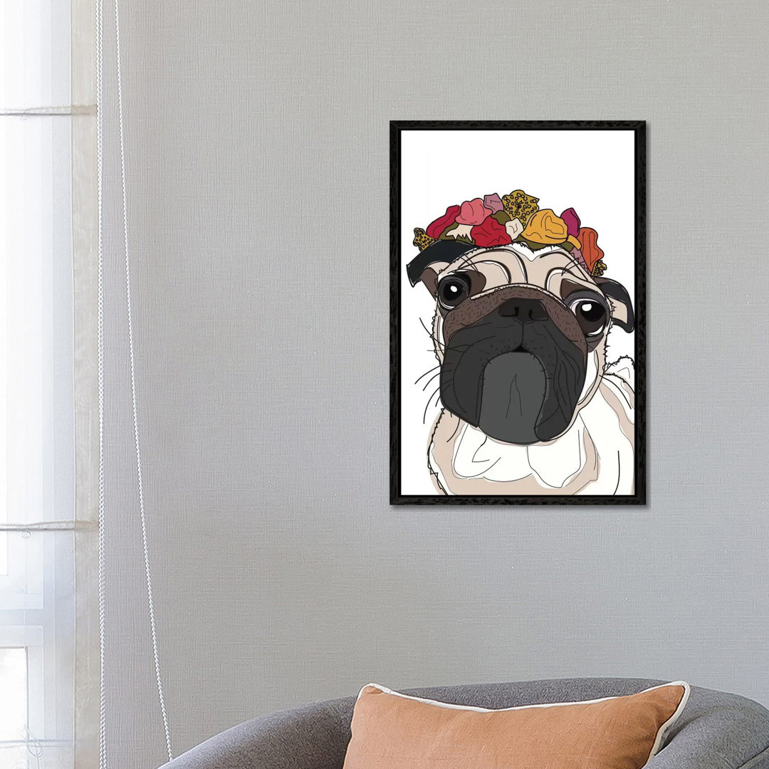 Mops mit Blumen von Sketch And Paws - Galerie-verpackte Leinwand Giclée auf Leinwand