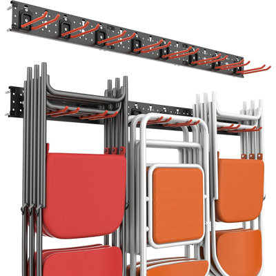 Support de rangement mural pour outils de rangement de garage, crochets de chaise pliants robustes avec 8 crochets réglables, rails de 48 pouces, capacité de charge maximale de 300 lb