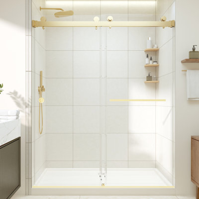 55-59" W x 72" H Frameless Shower Door, Double Sliding Shower Enclosure with 5/16" (8mm) Tempered Glass, Easy-Clean Coating, Brushed Gold