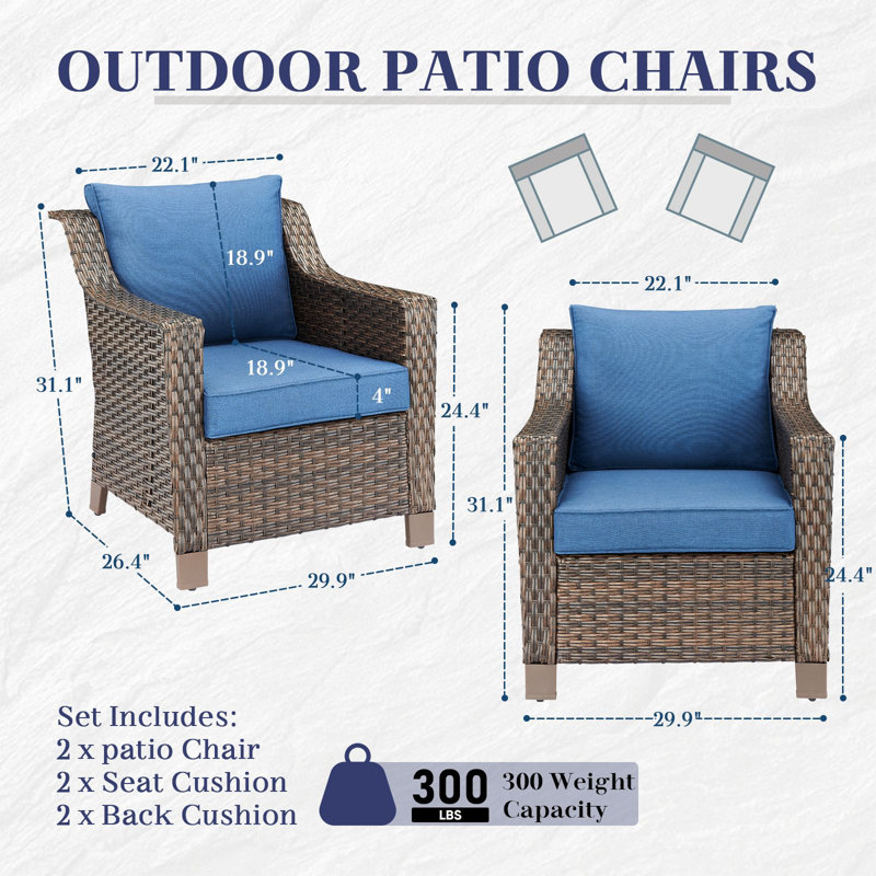 Jenesys Outdoor Wicker Sofa Set With Club Chairs & Ottomans - Comfortable, Durable For Patios & Gardens, Blue
