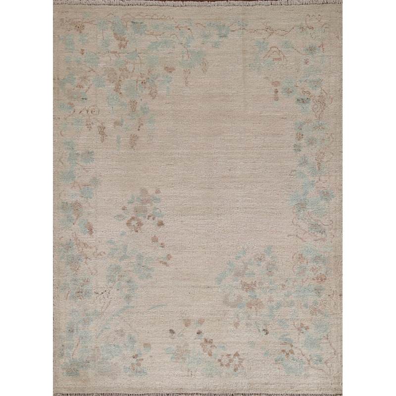Tapis beige en laine noué à la main de conception unique 3 pi 11 po x 5 pi 5 po New Age