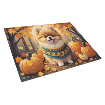 Pomeranian Fall Glass Cutting Board Large