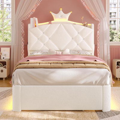 Upholstered LED Kids Bed with Drawer & Crown Headboard