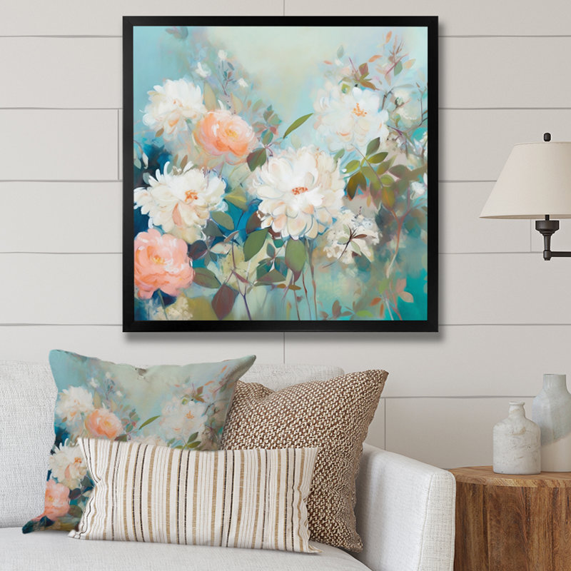 Romanok, rose, bleu, œillets, fleur sur toile, Cadre photo noir, H 24 po x l 24 po x P 1 po