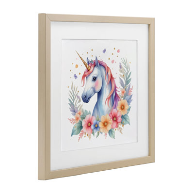 Licorne colorée avec des fleurs, reproduction encadrée sous verre, design by Creative Studio