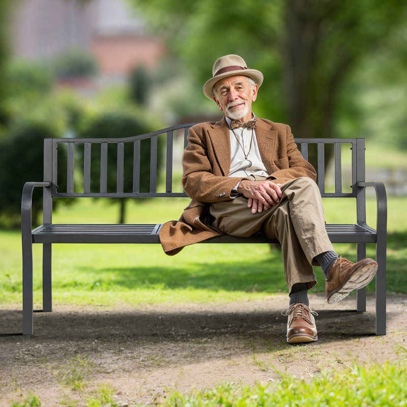 Outdoor Metal Garden Bench 59" Patio Bench With Built In Table Park Bench, Outside Bench Weather Proof Front Porch Bench, 500lbs, Gray