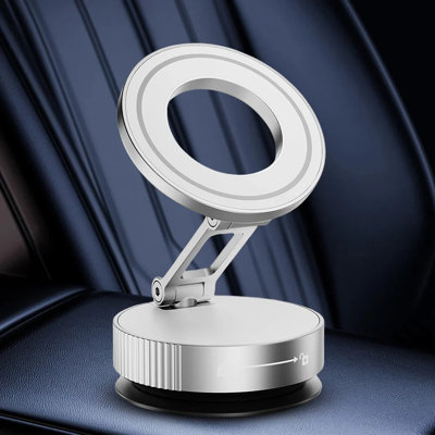 Magnetic Vacuum Suction Phone Holder 360° Adjustable Car Mount with Foldable Arm, 20-Magnet Ring Grip, Adhesive Pad for Dashboard Windshield Desk Kitchen, Silver