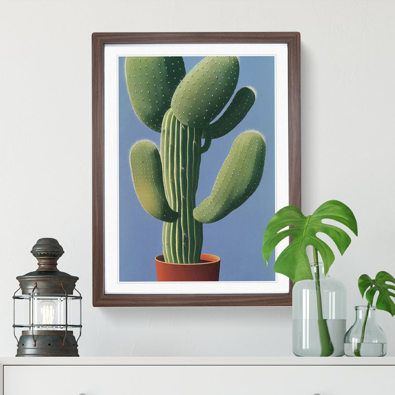 Cactus Plant - Wall Art, 36cm H x 27cm W x 2cm D, Walnut Framed, White