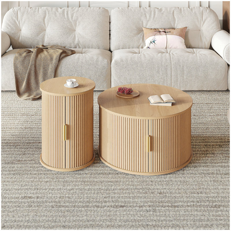 Ensemble de tables basses rondes cannelées avec porte tambour et rangement, Naturel
