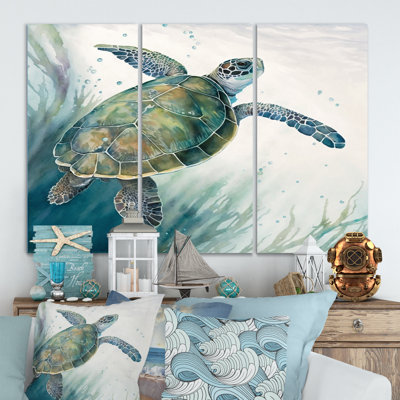 Tortue aquarelle nageant I - 3 pièces sur toile