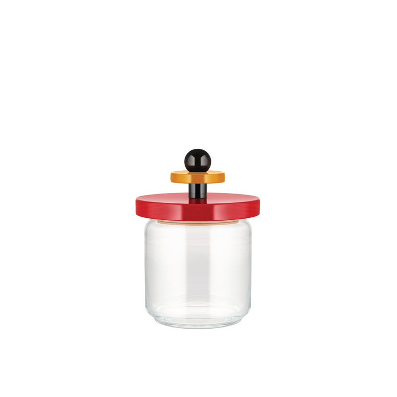6.7" Red, Yellow, and Black Glass Jar with Beechwood Lid