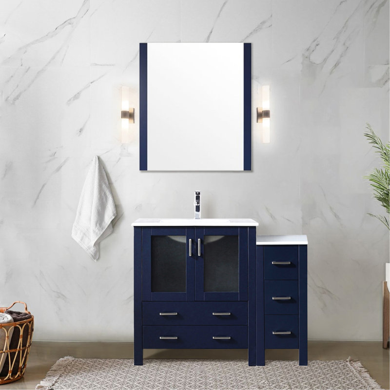 42 po Meuble-lavabo simple large bleu marine avec armoire latérale, plateau en céramique blanche, fabrication en bois massif, fermeture en douceur, une armoire et cinq tiroirs pour le rangement, égratignure durable