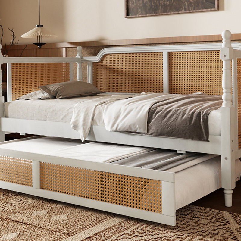 Lit de jour en rotin avec couchette, Lit simple, Blanc antique