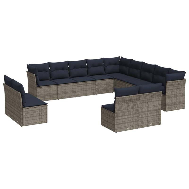 14 Piece Patio Sofa Set With Cushions Gray Poly Rattan, Dark Blue Cushion/Gray Frame