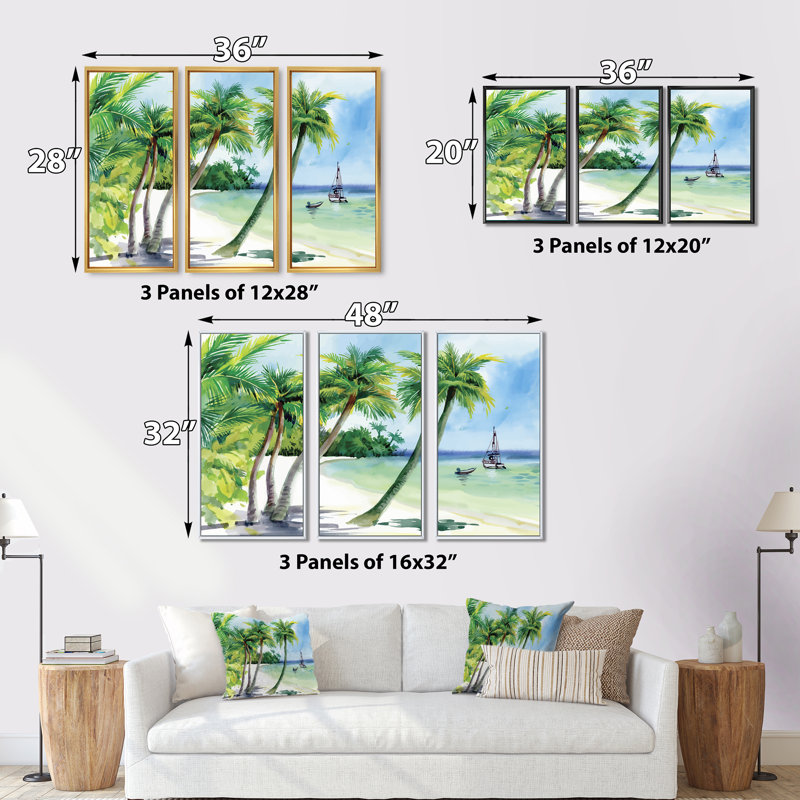 «Summer Beach with Palm Trees», reproduction sur toile flottante 3 pièces, H 28 po x l 36 po x P 1 po, Cadre brun