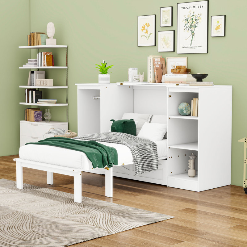Lit escamotable simple avec garde-robe et tablettes, tiroir