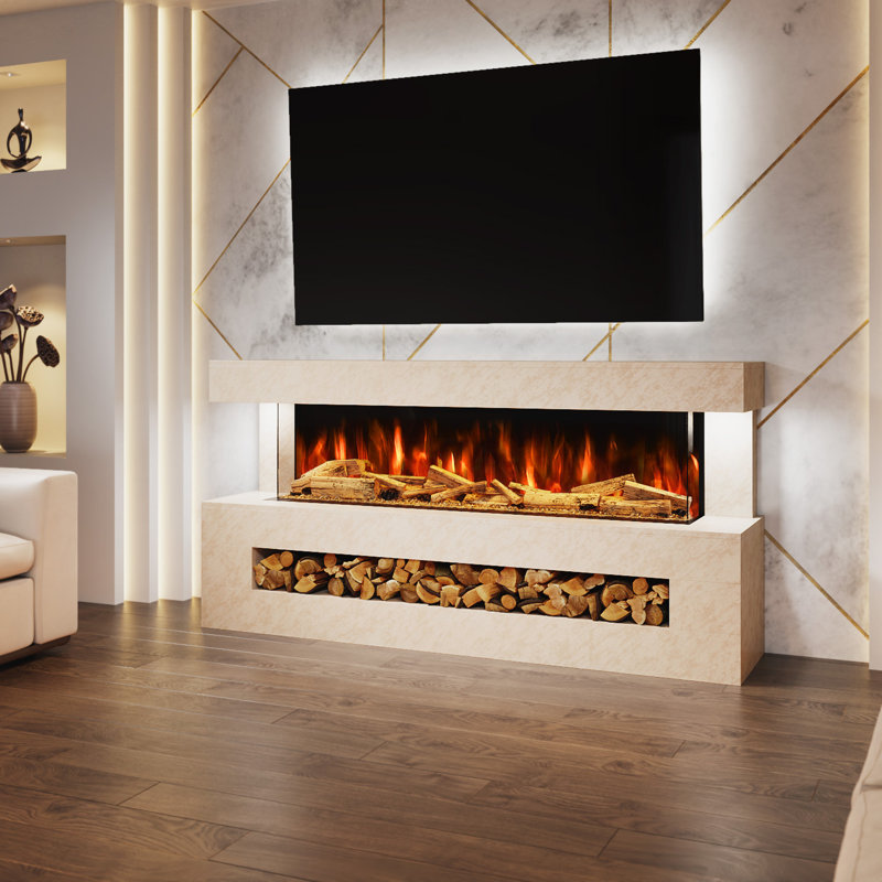 Davinci Stone Effect Freestanding Electric Fireplace Suite | 1500mm 3-sided Led Electric Fire with Panoramic Flame | Remote & App Control | Led Side Light