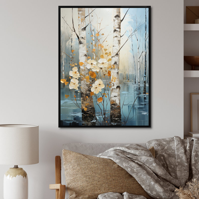 Birch Woods Winter Whispers V, H 32 po x l 24 po x P 1 po, Cadre flottant noir