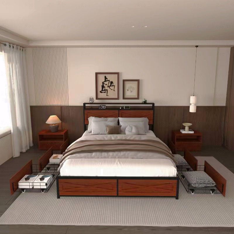 Bed Frame Full With 6 With Storage Function Drawers, With Storage Function With Headboard With Charging Statio, Solid And Stable, Noise Free