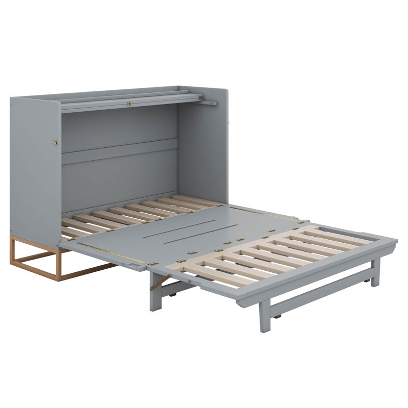 Lit escamotable moderne grand, commode cubique avec pieds en métal doré, lit plateforme pliable en bois, gris