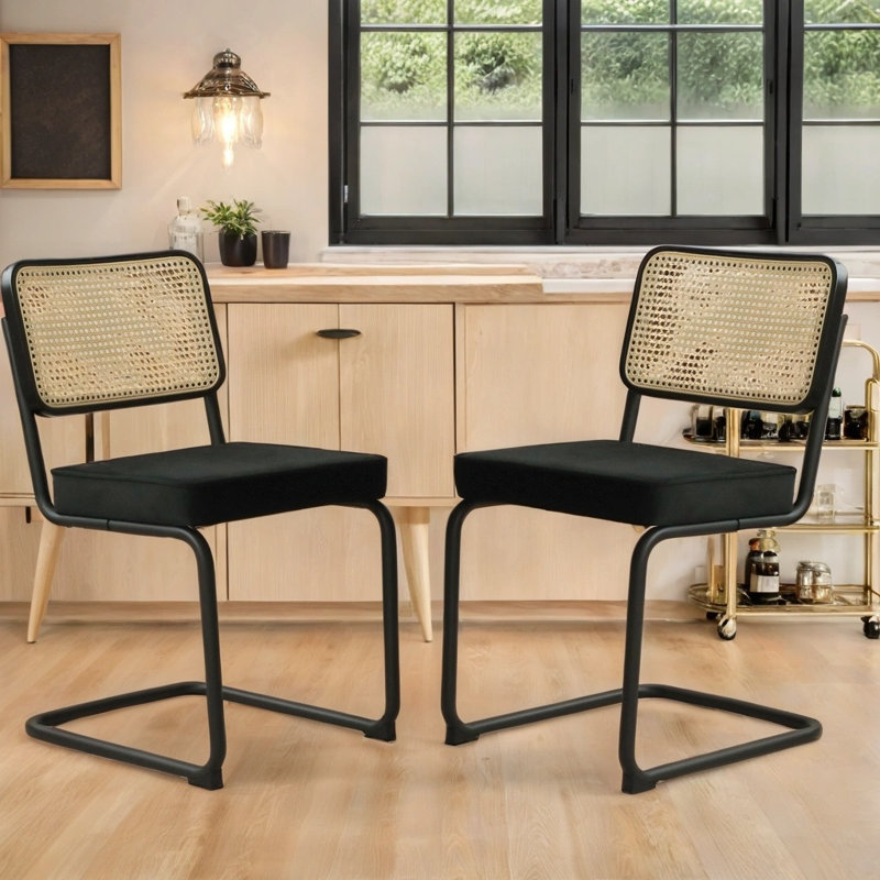 Ensemble de 2 chaises de salle à manger rembourrées avec dossier en rotin Afor, Noir