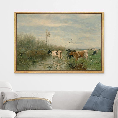 «Cow in the River Landscape Farmhouse Country Decor», impression sur toile encadrée