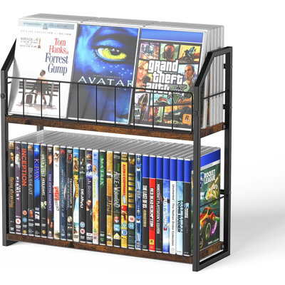 Étagère de rangement pour DVD à 2 niveaux, support pour DVD et jeux vidéo pour salle multimédia - Porte-DVD brun, rangement pour Blu-ray, peut contenir jusqu'à 56 DVD