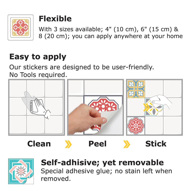 Malia Colourful Tiles Mix Wall Stickers - 15 cm x 15 cm - 24 pcs