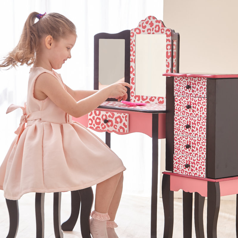 Teamson Kids Fashion Prints Animal Wooden Vanity Table & Stool with Mirror for Pretend Play Makeup, Hot Pink Leopard Print
