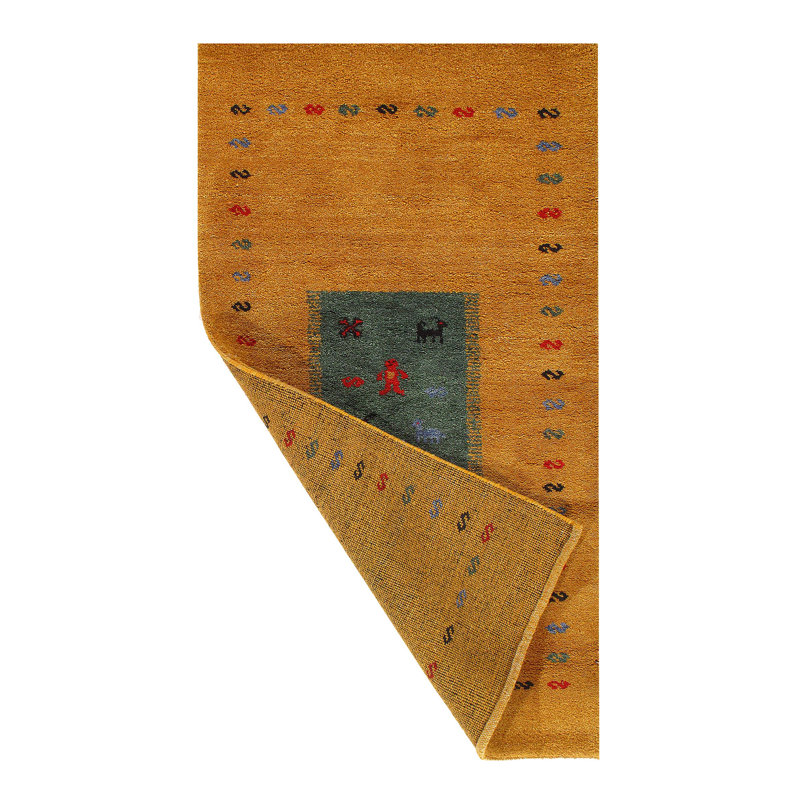 Tapis unique noué à la main or / vert 3 pi x 5 pi Gabbeh
