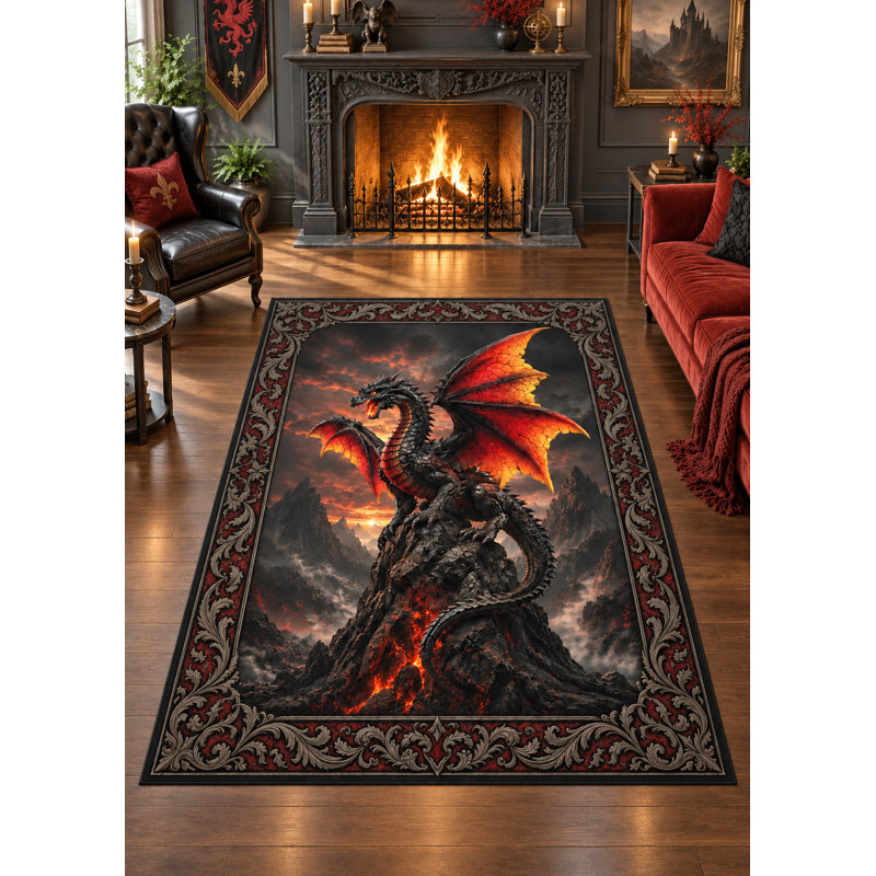 Tapis « Ultra Fin » 152 x 213 cm (5 pi x 7 pi) « Dragon au coucher du soleil sur un pic rocheux » pour chambre, salon et bureau à domicile, moquette douce à poils courts avec envers antidérapant en silicone