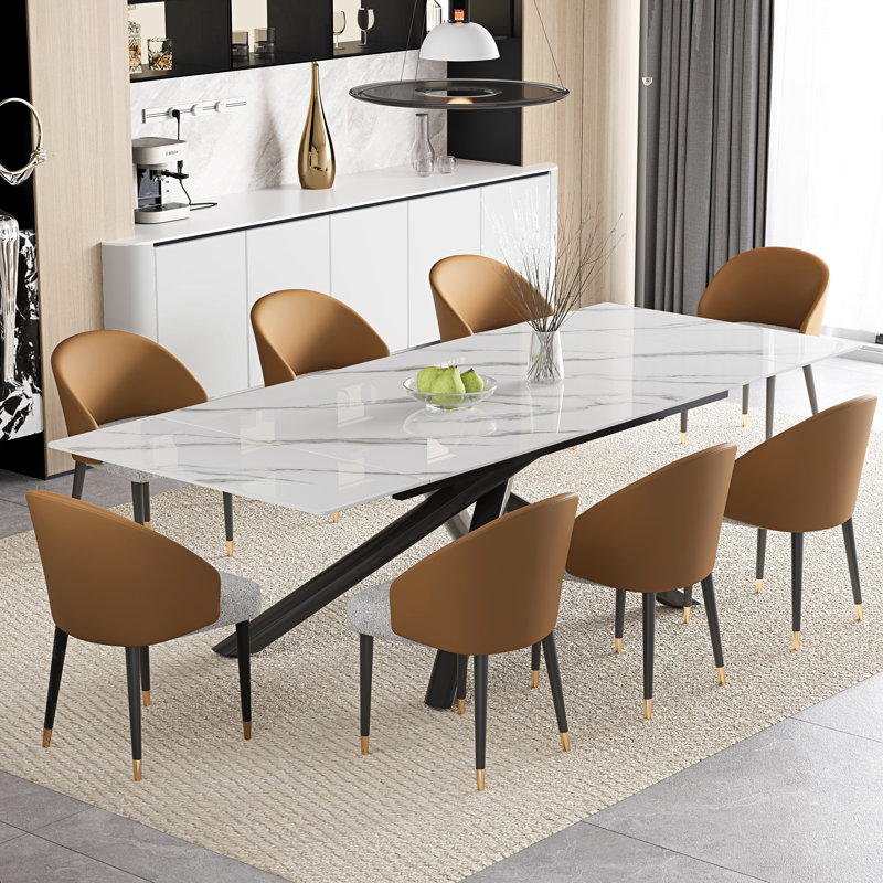 Ensemble de table de salle à manger extensible 102 po avec table en pierre frittée et 8 chaises en similicuir, Jaune/gris
