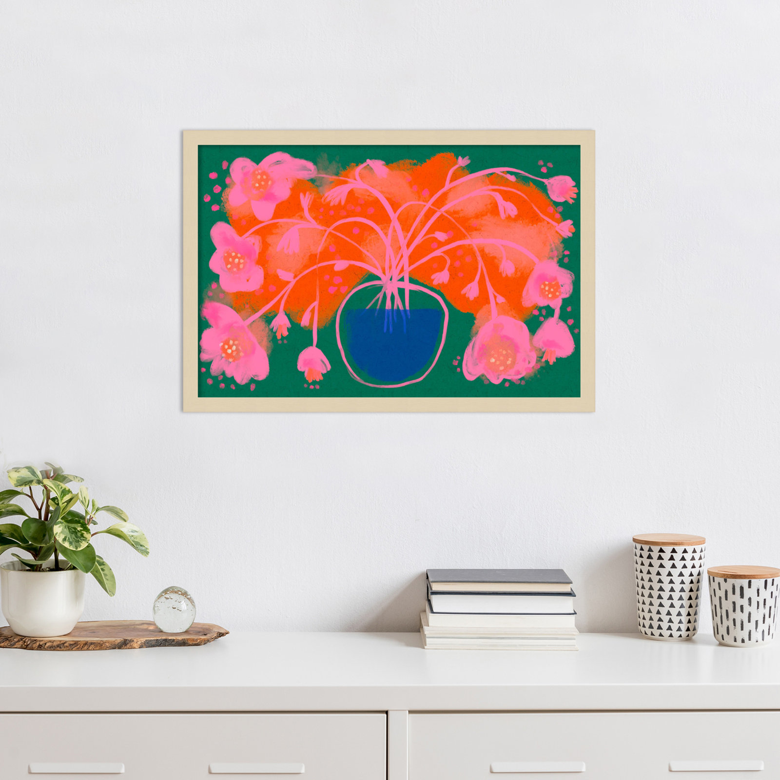 Pink Flower Bouquet by Treechild  Wood Framed Wall Art Print, Brown, 17" H x 25" W